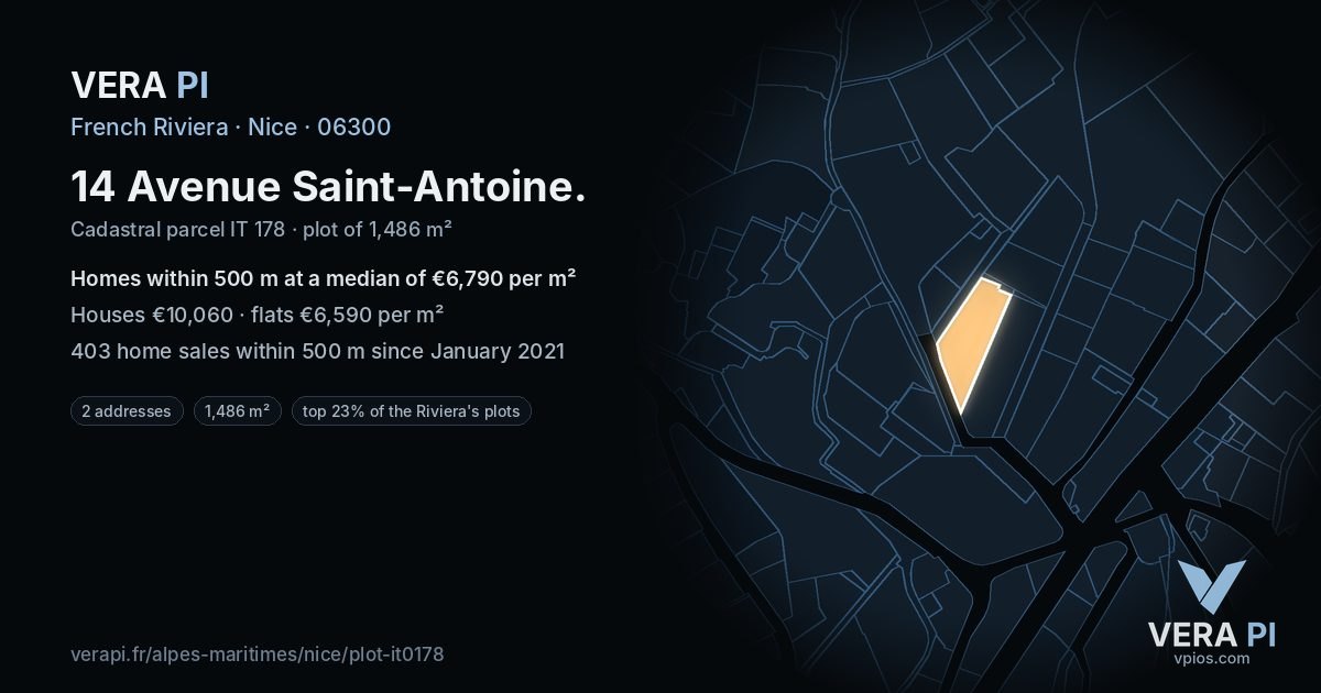 14 Avenue Saint-Antoine, Nice at night – the plot lit, the parcels around coloured by the prices near them
