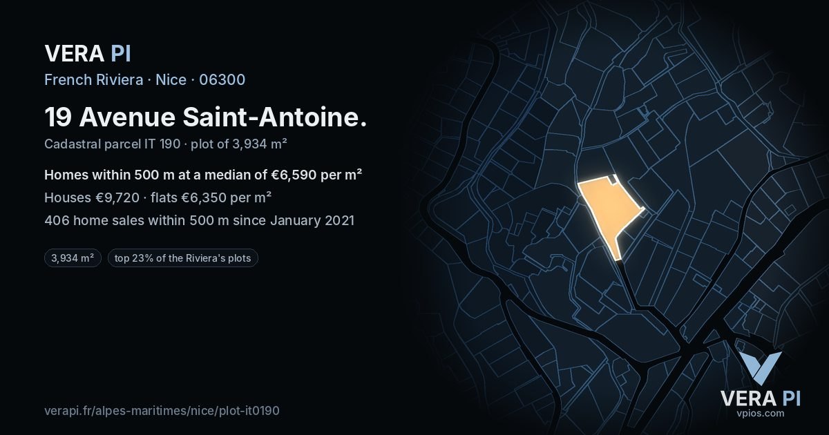 19 Avenue Saint-Antoine, Nice at night – the plot lit, the parcels around coloured by the prices near them