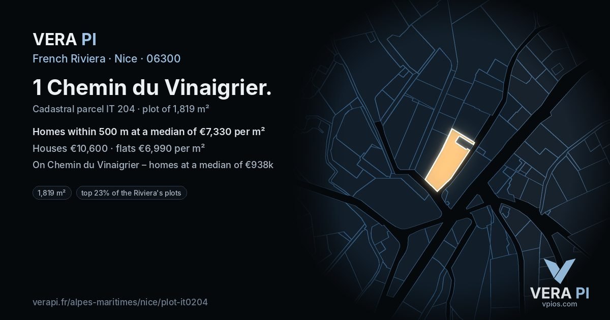 1 Chemin du Vinaigrier, Nice at night – the plot lit, the parcels around coloured by the prices near them