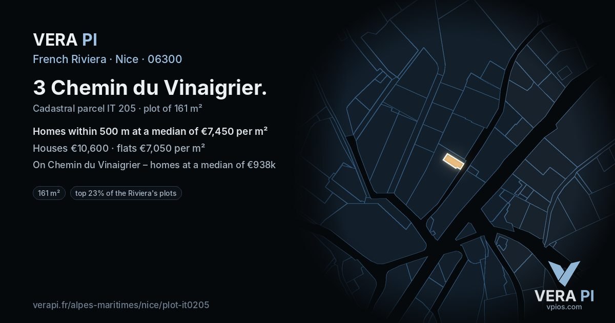 3 Chemin du Vinaigrier, Nice at night – the plot lit, the parcels around coloured by the prices near them