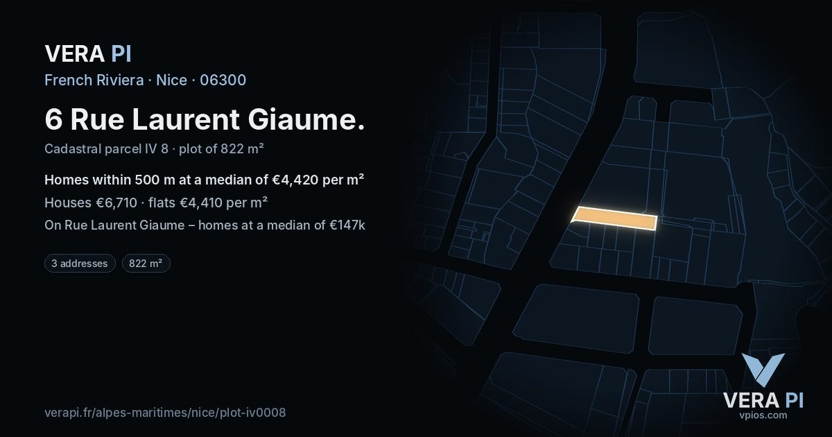 6 Rue Laurent Giaume, Nice at night – the plot lit, the parcels around coloured by the prices near them