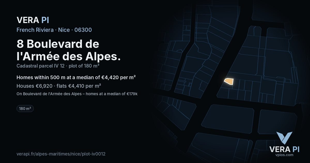 8 Boulevard de l'Armée des Alpes, Nice at night – the plot lit, the parcels around coloured by the prices near them