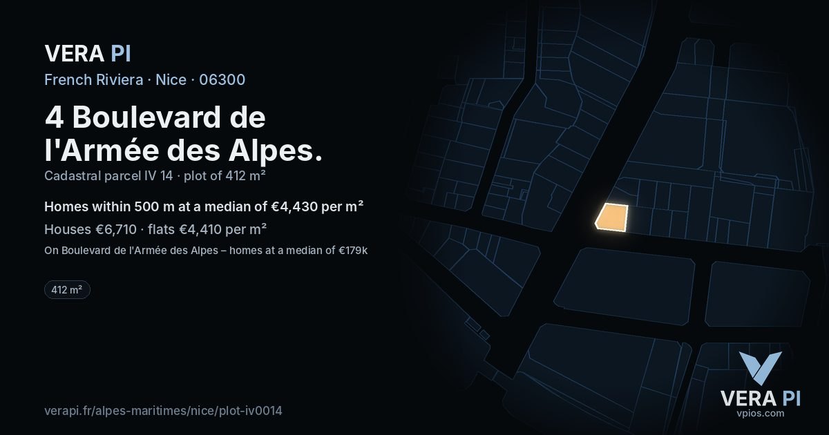4 Boulevard de l'Armée des Alpes, Nice at night – the plot lit, the parcels around coloured by the prices near them