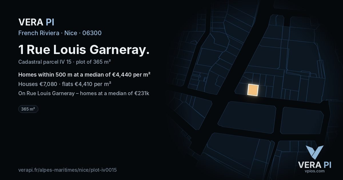 1 Rue Louis Garneray, Nice at night – the plot lit, the parcels around coloured by the prices near them
