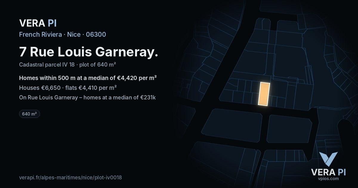 7 Rue Louis Garneray, Nice at night – the plot lit, the parcels around coloured by the prices near them