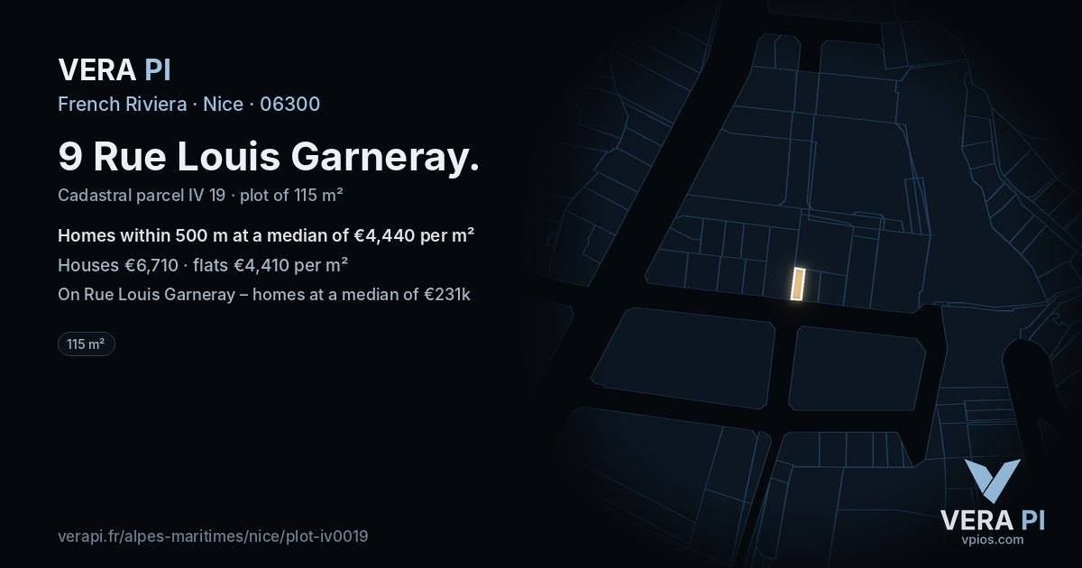 9 Rue Louis Garneray, Nice at night – the plot lit, the parcels around coloured by the prices near them