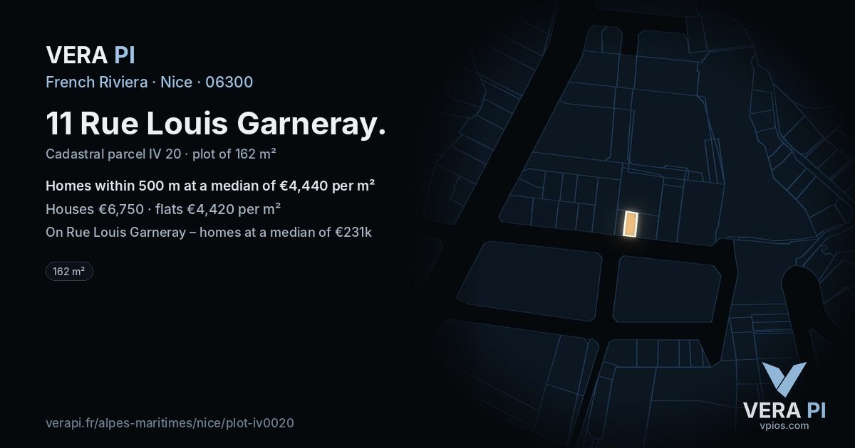 11 Rue Louis Garneray, Nice at night – the plot lit, the parcels around coloured by the prices near them