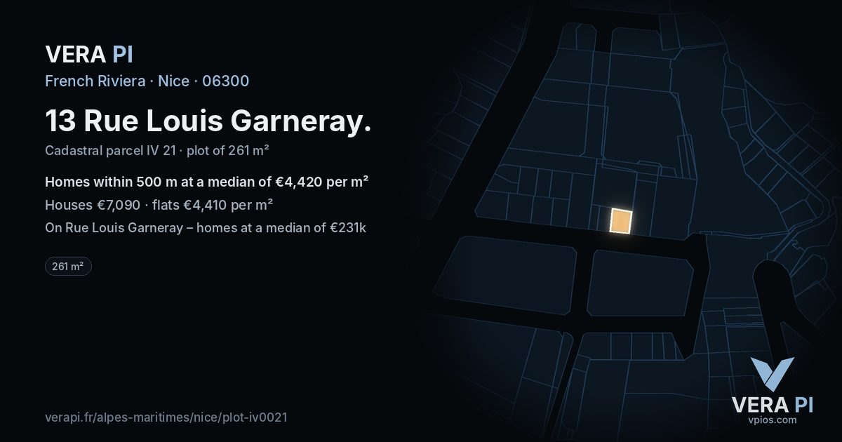 13 Rue Louis Garneray, Nice at night – the plot lit, the parcels around coloured by the prices near them