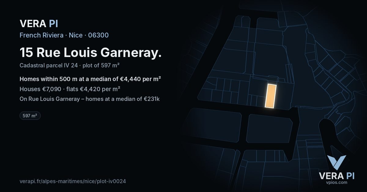 15 Rue Louis Garneray, Nice at night – the plot lit, the parcels around coloured by the prices near them