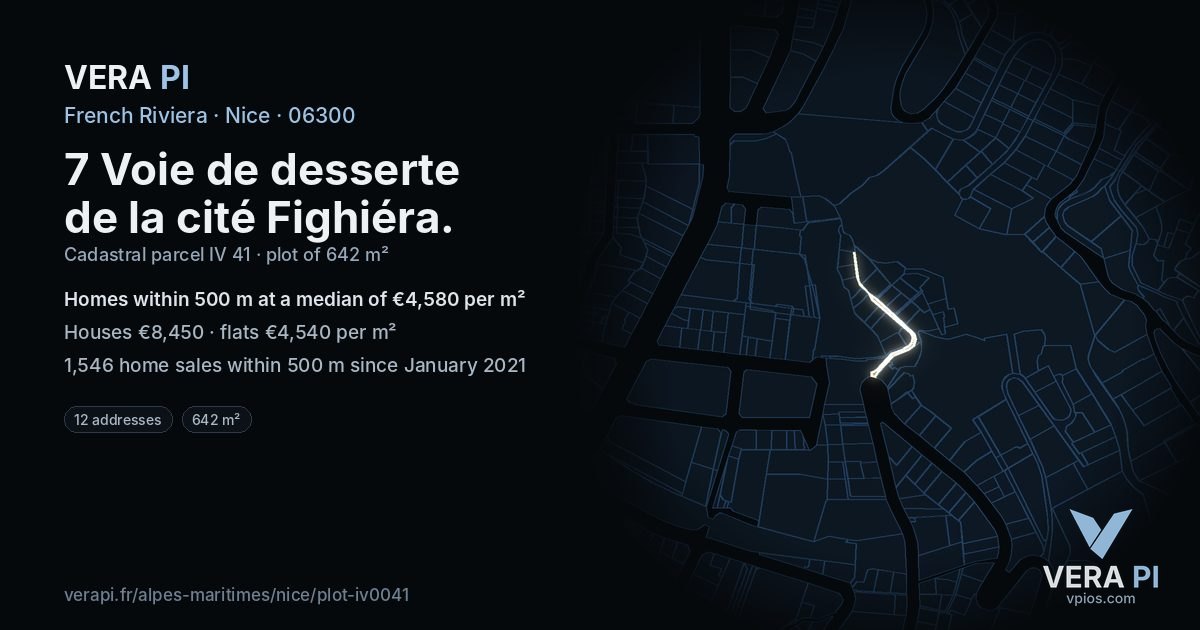 7 Voie de desserte de la cité Fighiéra, Nice at night – the plot lit, the parcels around coloured by the prices near them