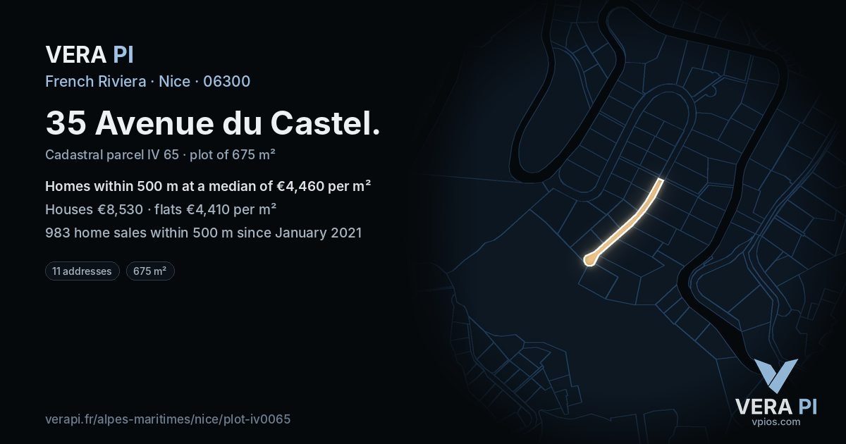 35 Avenue du Castel, Nice at night – the plot lit, the parcels around coloured by the prices near them