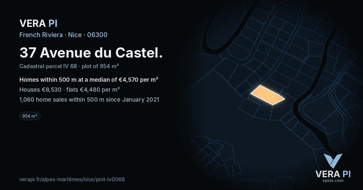37 Avenue du Castel, Nice at night – the plot lit, the parcels around coloured by the prices near them