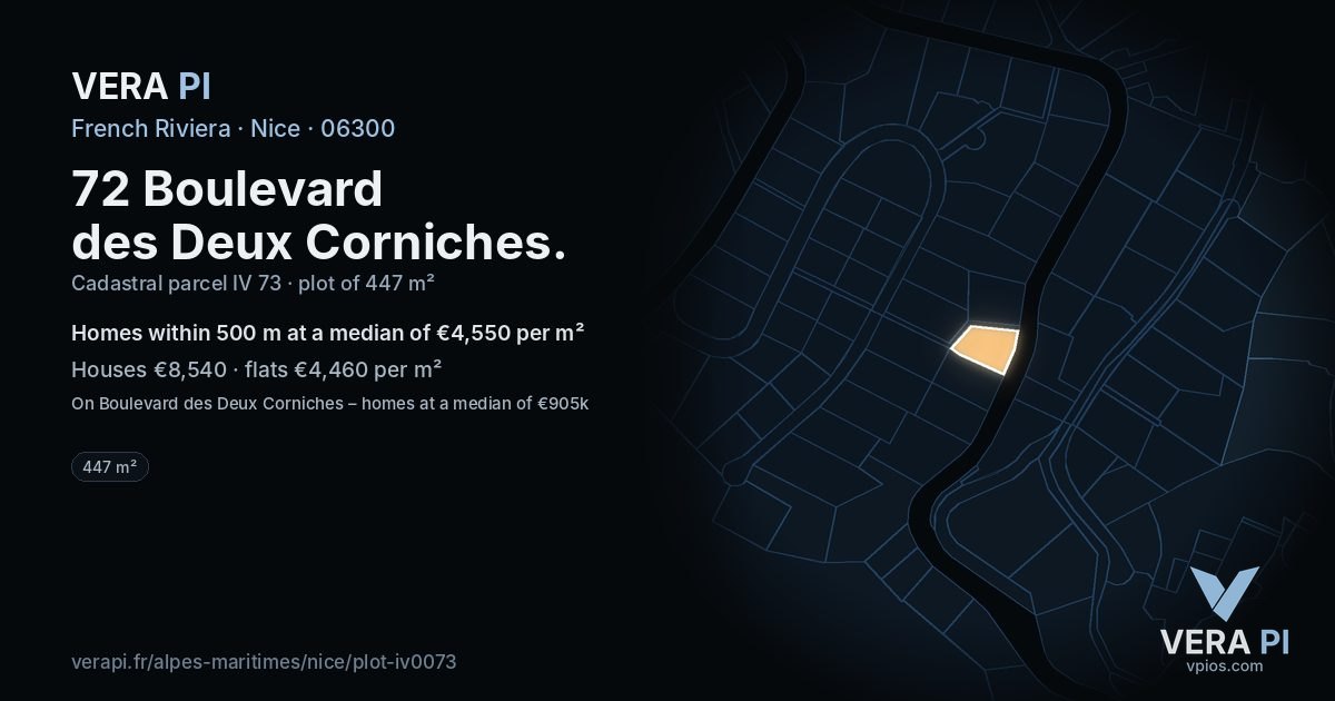 72 Boulevard des Deux Corniches, Nice at night – the plot lit, the parcels around coloured by the prices near them
