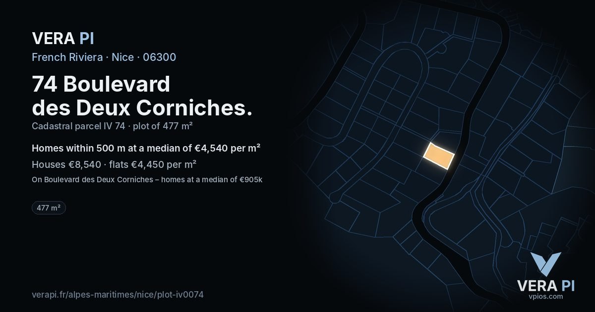 74 Boulevard des Deux Corniches, Nice at night – the plot lit, the parcels around coloured by the prices near them