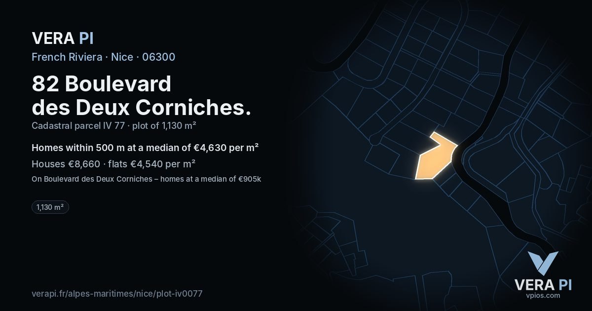 82 Boulevard des Deux Corniches, Nice at night – the plot lit, the parcels around coloured by the prices near them