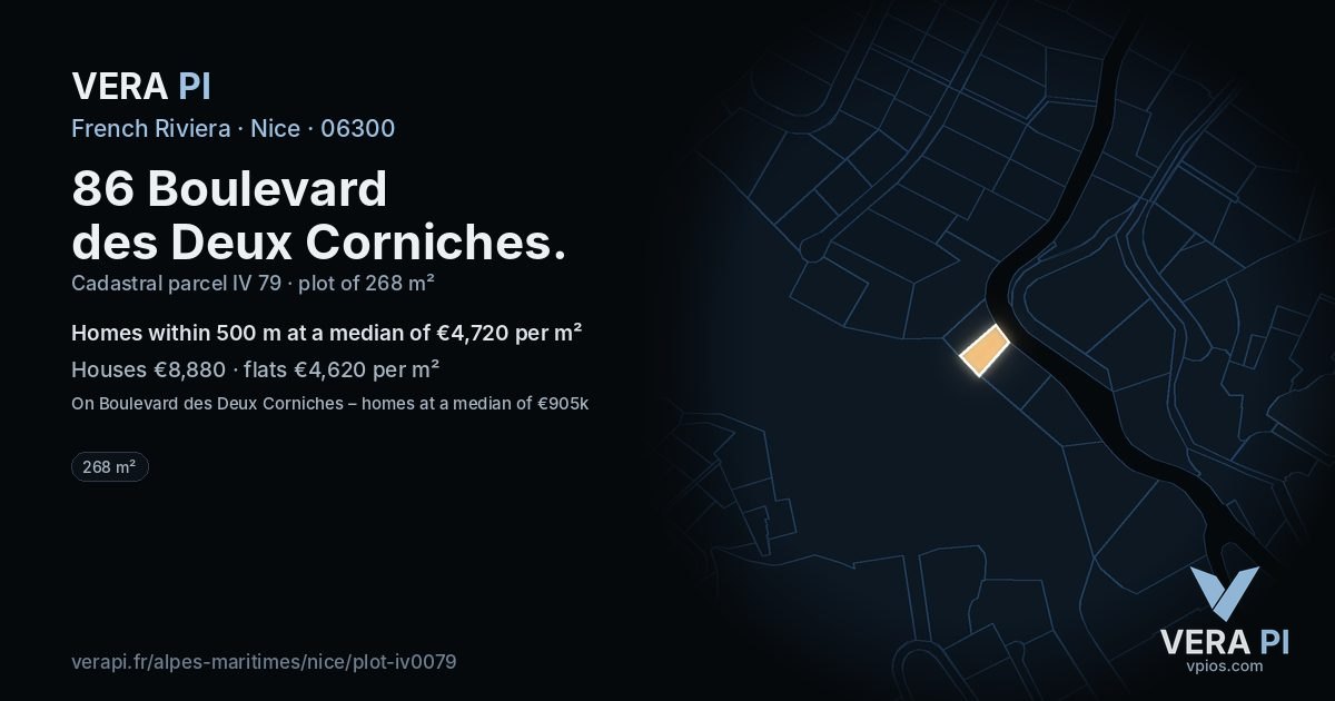86 Boulevard des Deux Corniches, Nice at night – the plot lit, the parcels around coloured by the prices near them