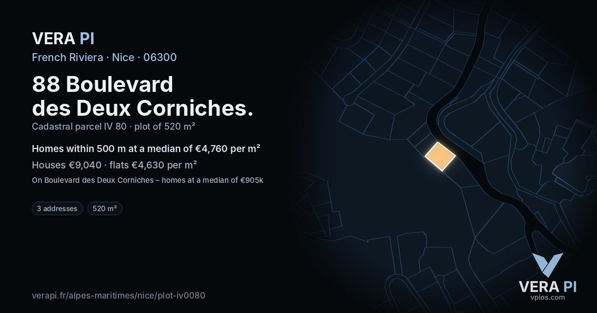 88 Boulevard des Deux Corniches, Nice at night – the plot lit, the parcels around coloured by the prices near them