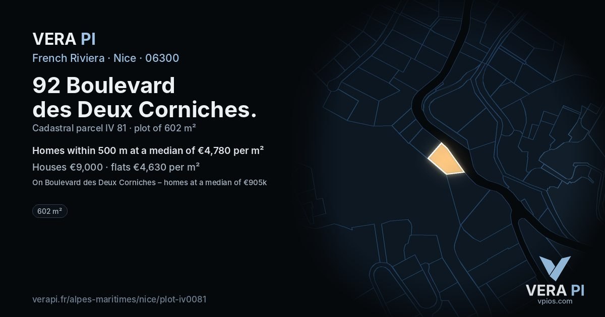 92 Boulevard des Deux Corniches, Nice at night – the plot lit, the parcels around coloured by the prices near them