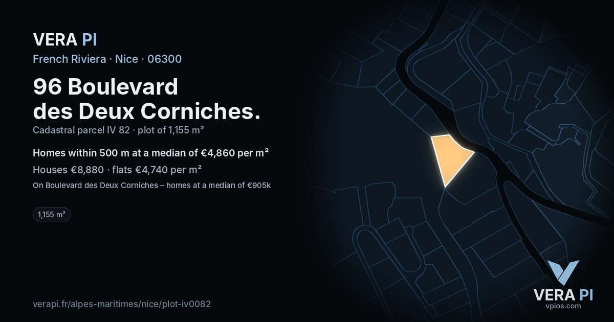 96 Boulevard des Deux Corniches, Nice at night – the plot lit, the parcels around coloured by the prices near them