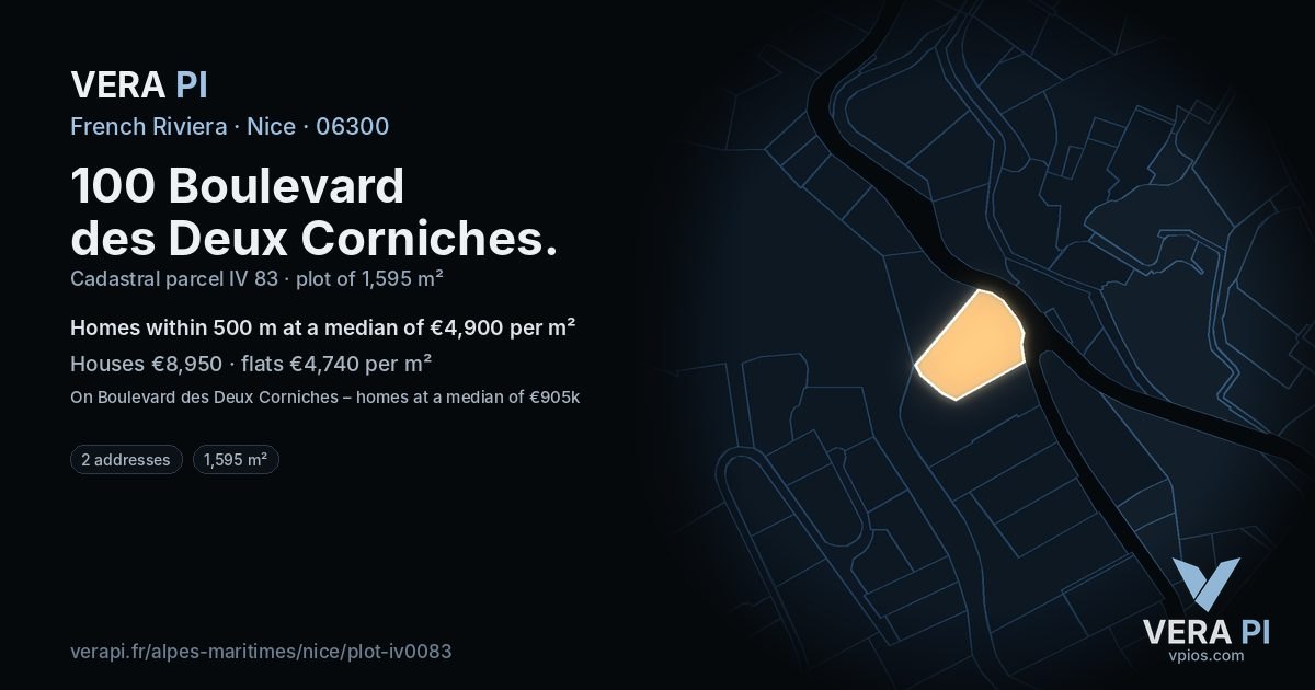 100 Boulevard des Deux Corniches, Nice at night – the plot lit, the parcels around coloured by the prices near them
