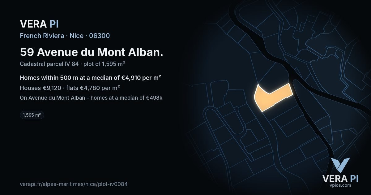 59 Avenue du Mont Alban, Nice at night – the plot lit, the parcels around coloured by the prices near them