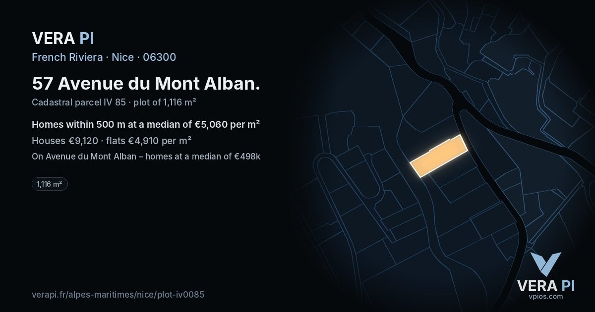 57 Avenue du Mont Alban, Nice at night – the plot lit, the parcels around coloured by the prices near them