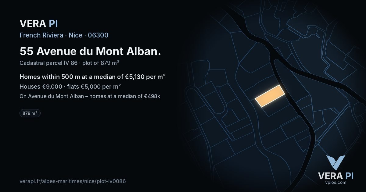 55 Avenue du Mont Alban, Nice at night – the plot lit, the parcels around coloured by the prices near them