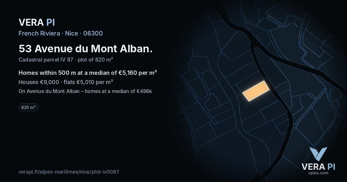 53 Avenue du Mont Alban, Nice at night – the plot lit, the parcels around coloured by the prices near them