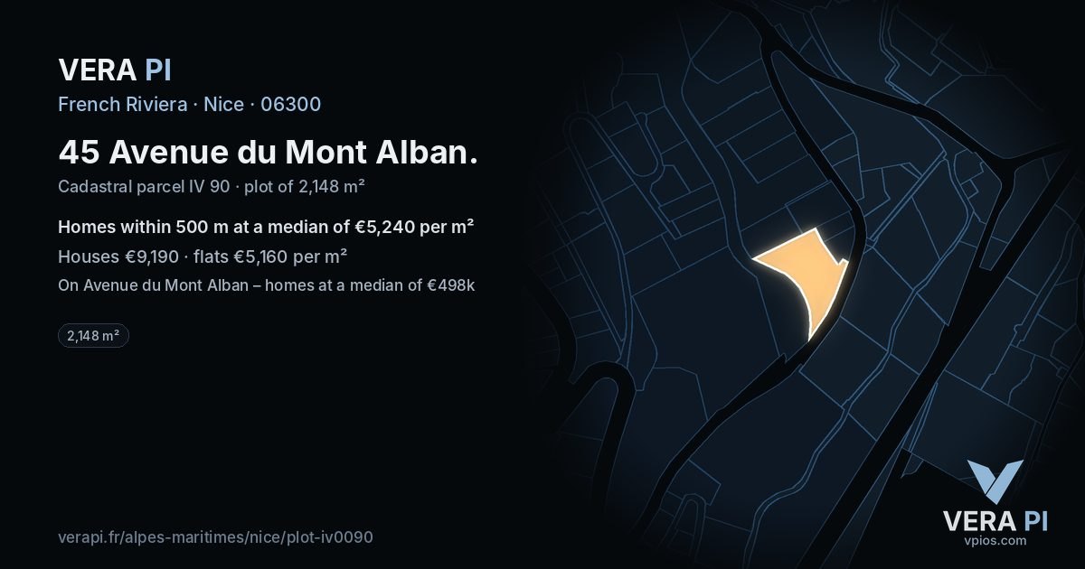 45 Avenue du Mont Alban, Nice at night – the plot lit, the parcels around coloured by the prices near them