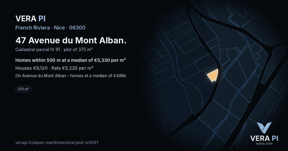 47 Avenue du Mont Alban, Nice at night – the plot lit, the parcels around coloured by the prices near them