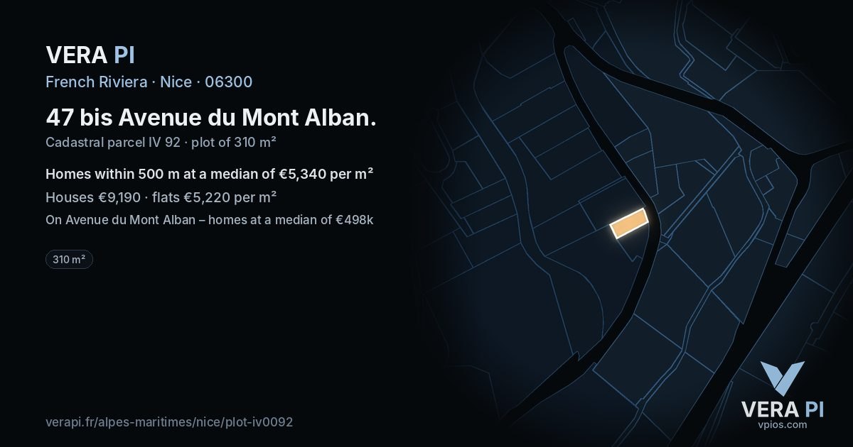 47 bis Avenue du Mont Alban, Nice at night – the plot lit, the parcels around coloured by the prices near them