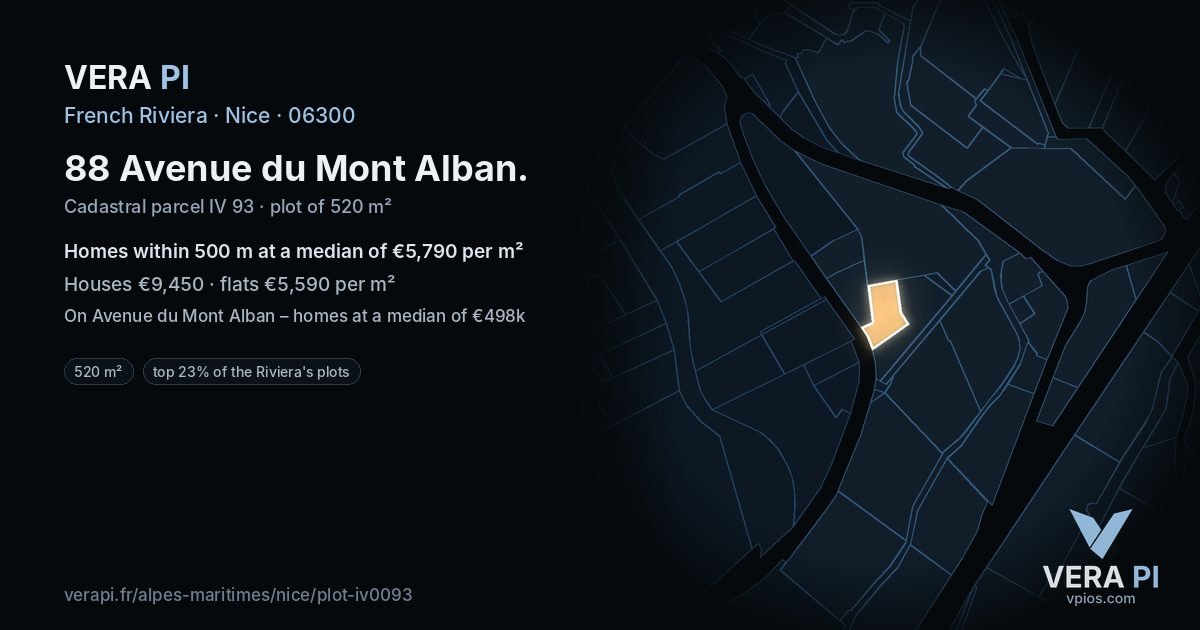 88 Avenue du Mont Alban, Nice at night – the plot lit, the parcels around coloured by the prices near them