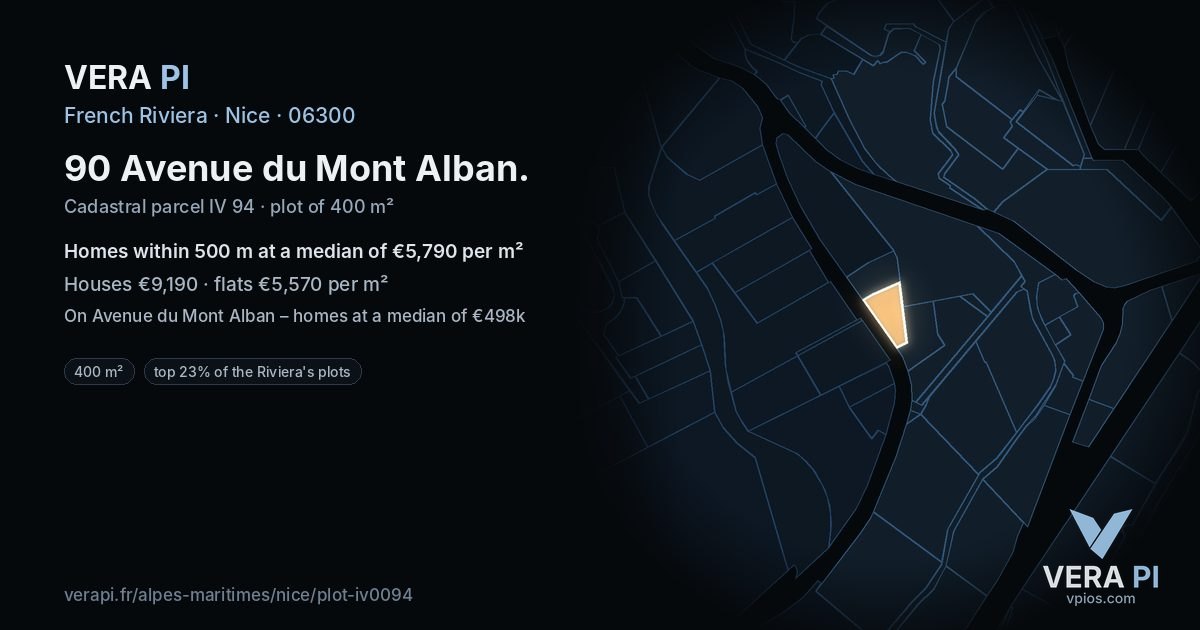 90 Avenue du Mont Alban, Nice at night – the plot lit, the parcels around coloured by the prices near them