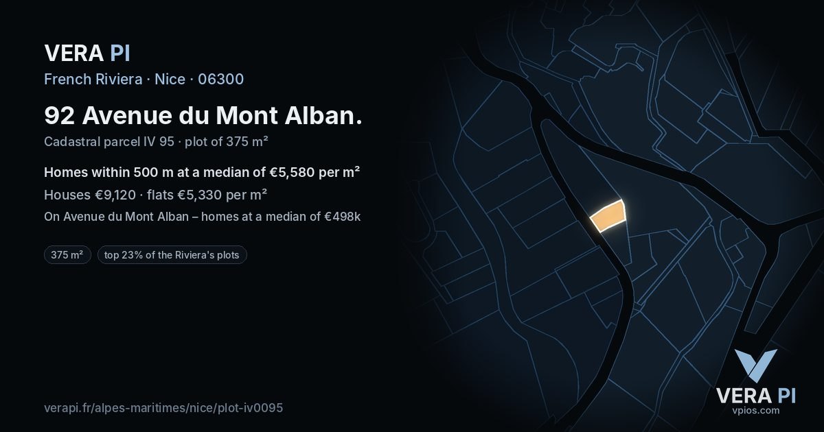 92 Avenue du Mont Alban, Nice at night – the plot lit, the parcels around coloured by the prices near them