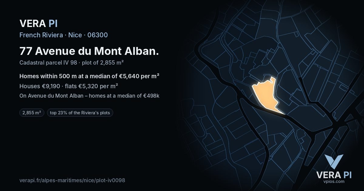 77 Avenue du Mont Alban, Nice at night – the plot lit, the parcels around coloured by the prices near them