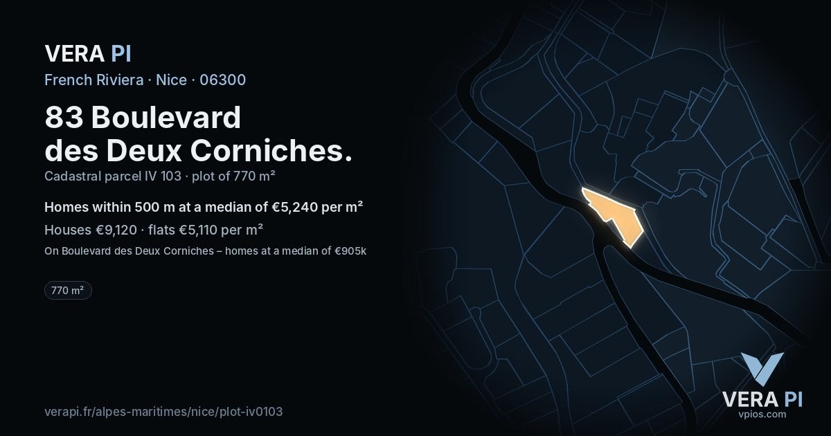 83 Boulevard des Deux Corniches, Nice at night – the plot lit, the parcels around coloured by the prices near them