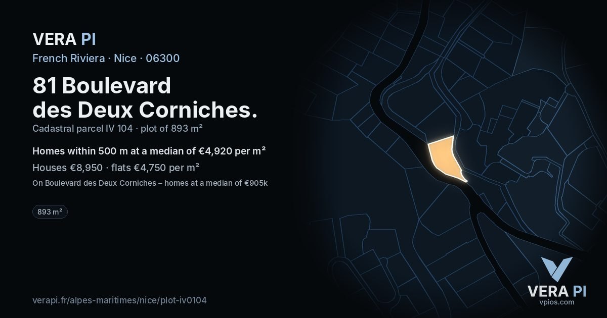 81 Boulevard des Deux Corniches, Nice at night – the plot lit, the parcels around coloured by the prices near them