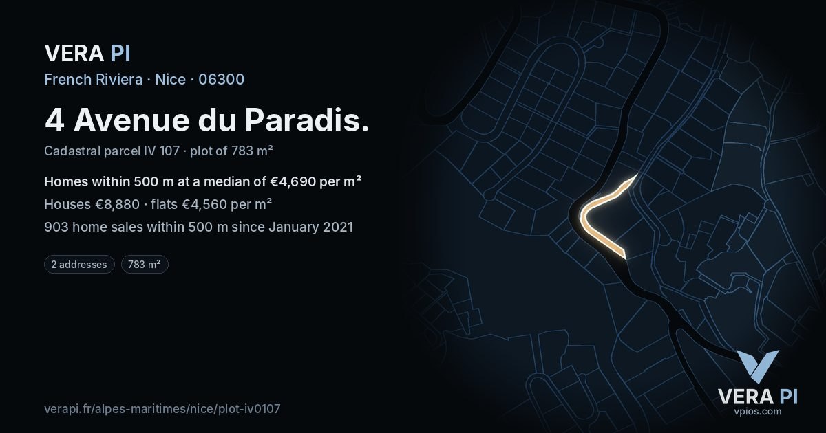 4 Avenue du Paradis, Nice at night – the plot lit, the parcels around coloured by the prices near them