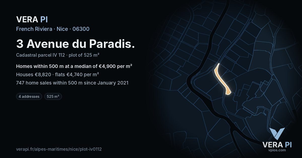 3 Avenue du Paradis, Nice at night – the plot lit, the parcels around coloured by the prices near them