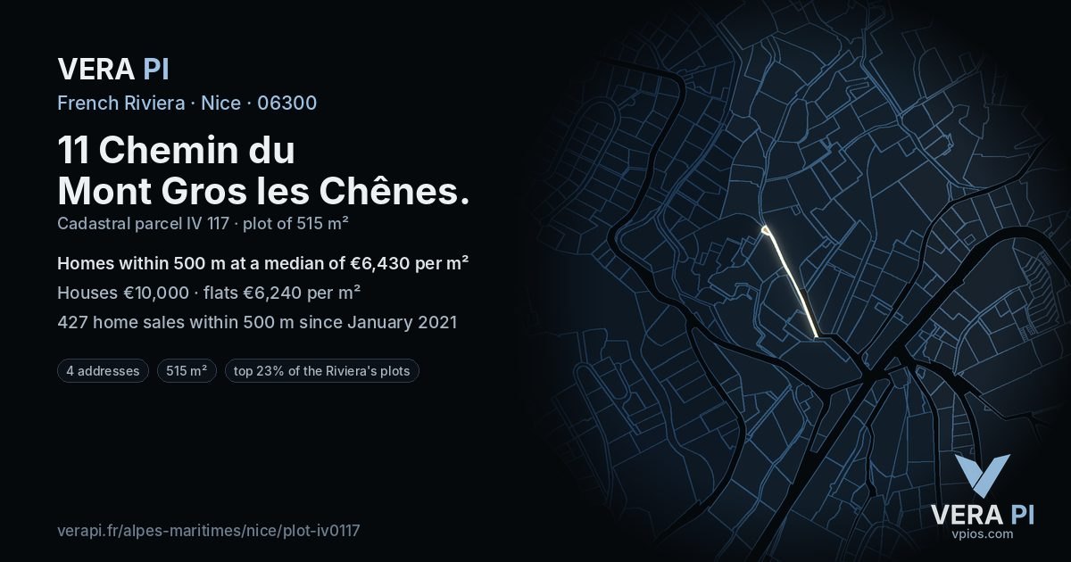 11 Chemin du Mont Gros les Chênes, Nice at night – the plot lit, the parcels around coloured by the prices near them
