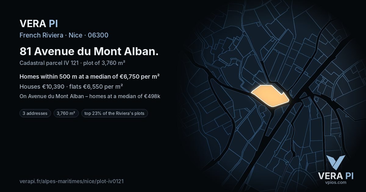 81 Avenue du Mont Alban, Nice at night – the plot lit, the parcels around coloured by the prices near them