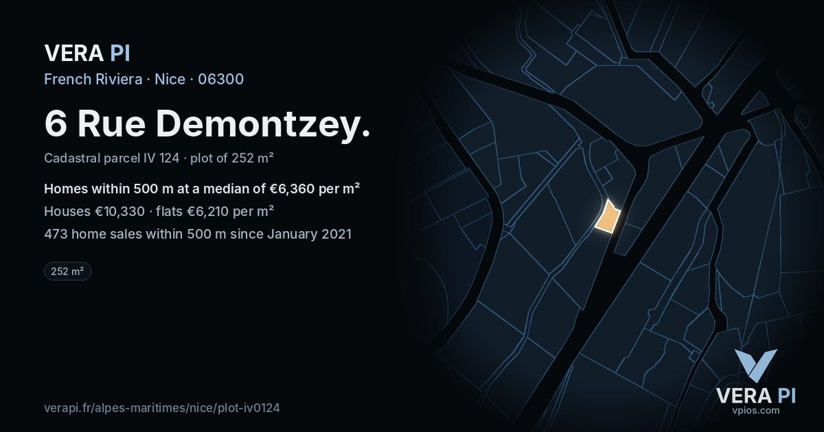 6 Rue Demontzey, Nice at night – the plot lit, the parcels around coloured by the prices near them
