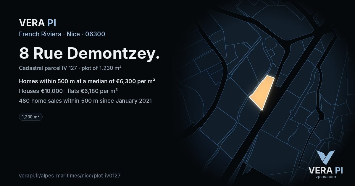 8 Rue Demontzey, Nice at night – the plot lit, the parcels around coloured by the prices near them