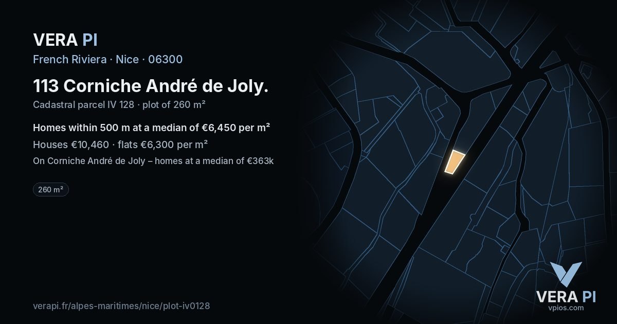 113 Corniche André de Joly, Nice at night – the plot lit, the parcels around coloured by the prices near them