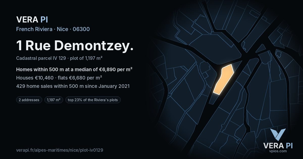 1 Rue Demontzey, Nice at night – the plot lit, the parcels around coloured by the prices near them