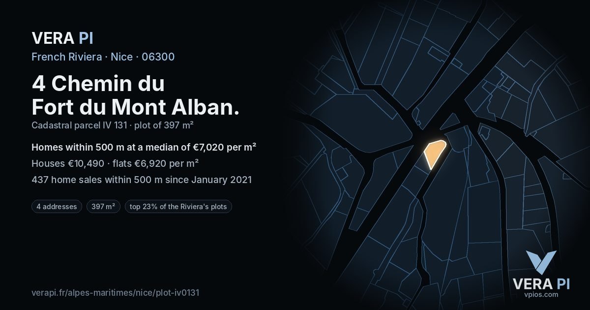 4 Chemin du Fort du Mont Alban, Nice at night – the plot lit, the parcels around coloured by the prices near them