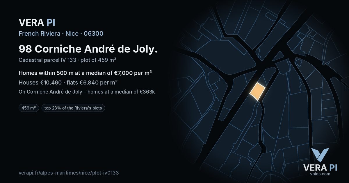 98 Corniche André de Joly, Nice at night – the plot lit, the parcels around coloured by the prices near them