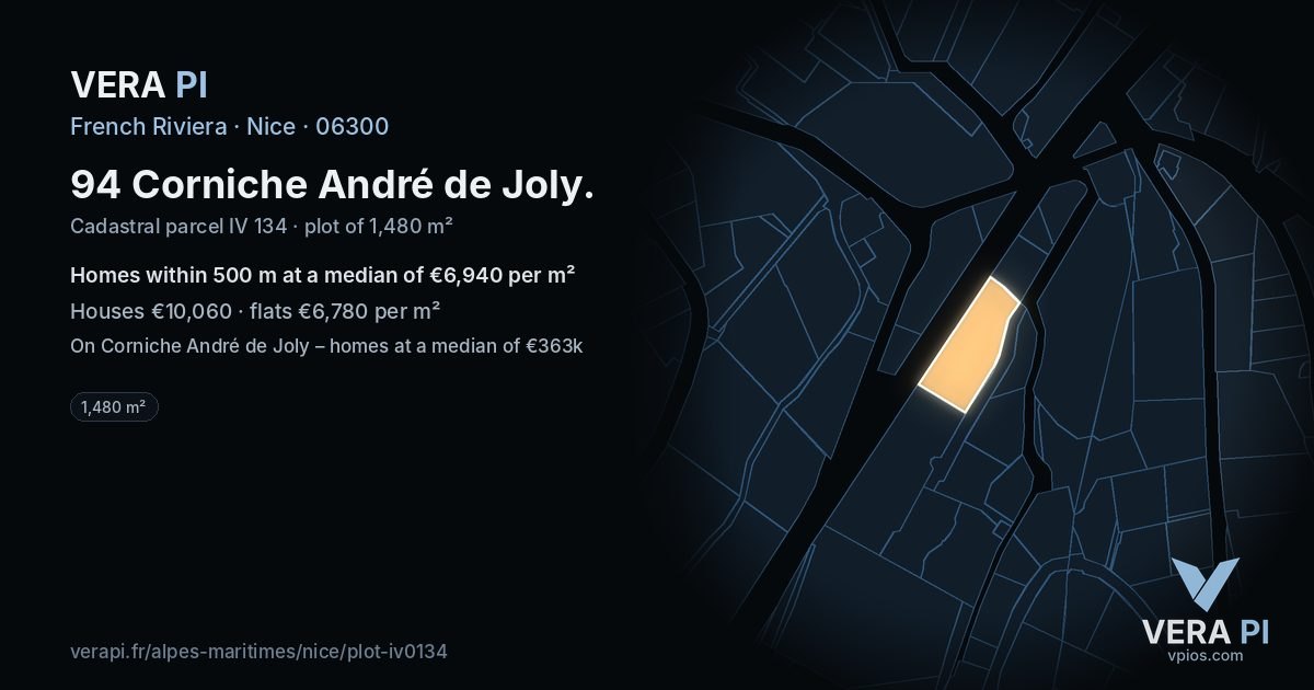 94 Corniche André de Joly, Nice at night – the plot lit, the parcels around coloured by the prices near them