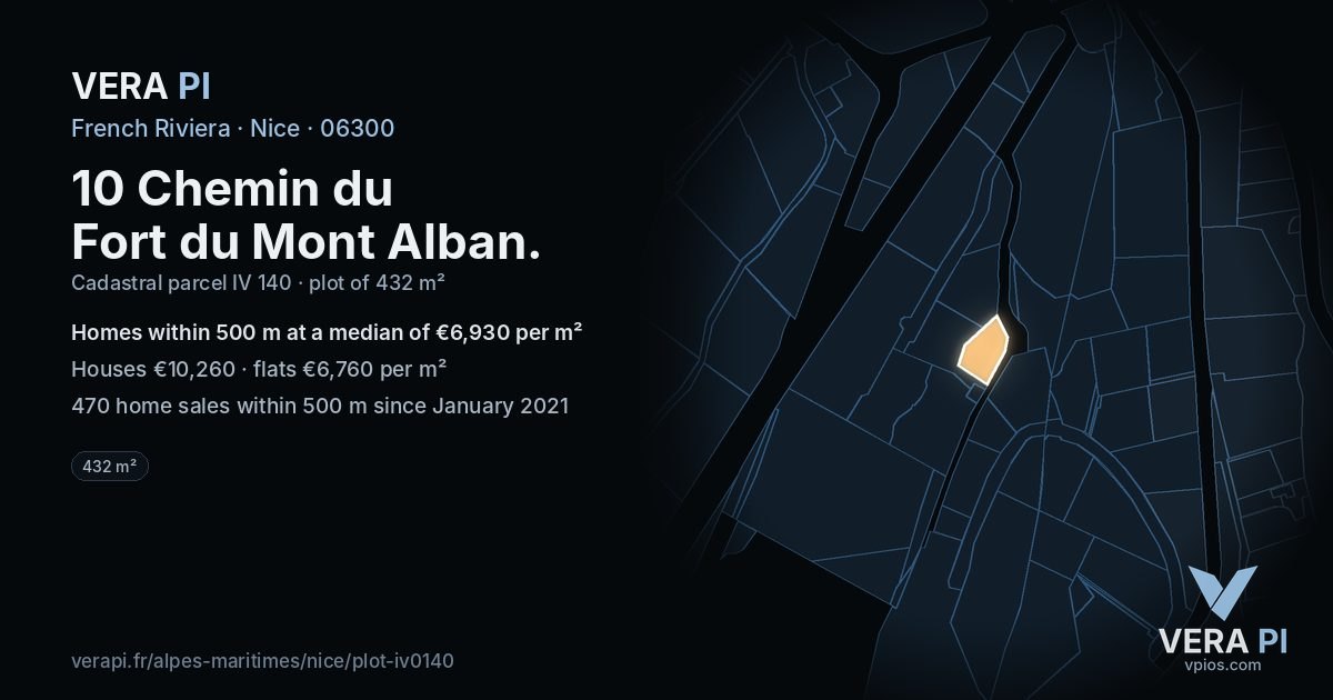 10 Chemin du Fort du Mont Alban, Nice at night – the plot lit, the parcels around coloured by the prices near them