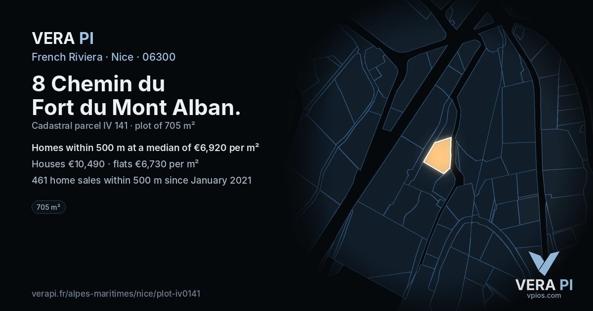 8 Chemin du Fort du Mont Alban, Nice at night – the plot lit, the parcels around coloured by the prices near them